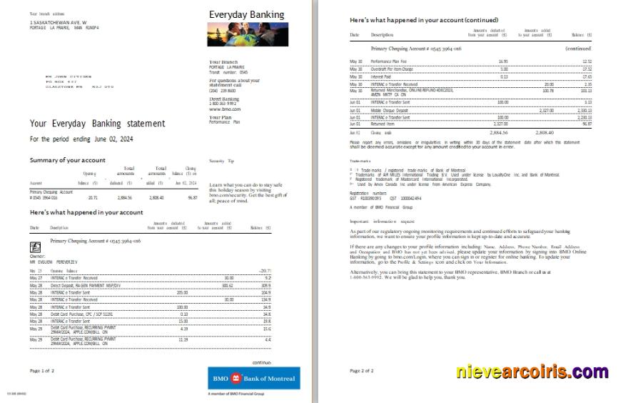 Canada BMO bank everyday banking statement scr